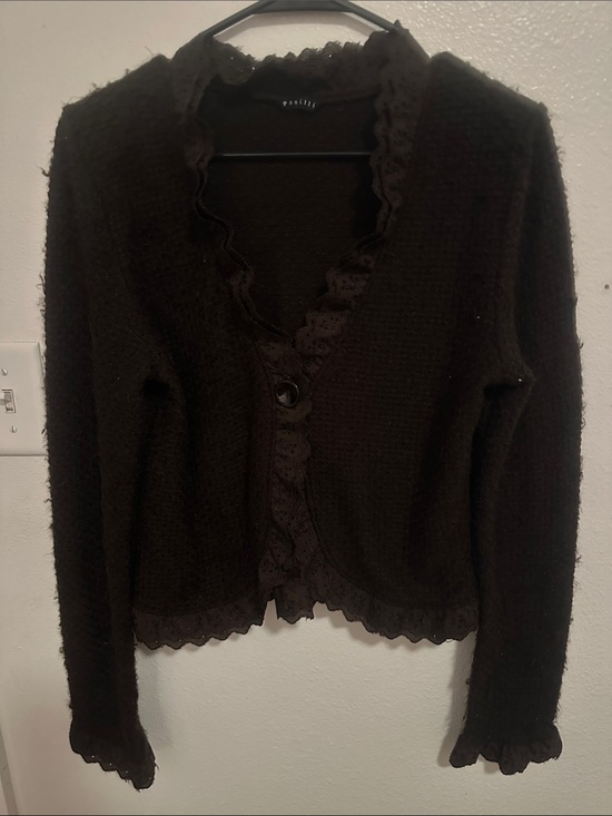 Panitti Sweaters - Pointelle Black Lace-Trim Cardigan Sweater